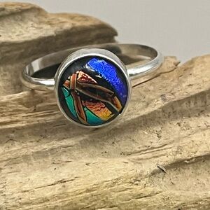 Elegant Sterling Silver Ring with Multicolor fused glass Stone